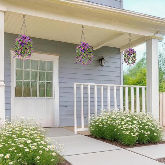 Artificial Flowers for Outdoors Decoration, 2 Pcs Outdoor Faux Plants Daisy with Eucalyptus Leaves Summer UV Resistant Fake Flowers Hanging Planters for Balcony Planter Porch Patio Garden Home Decor