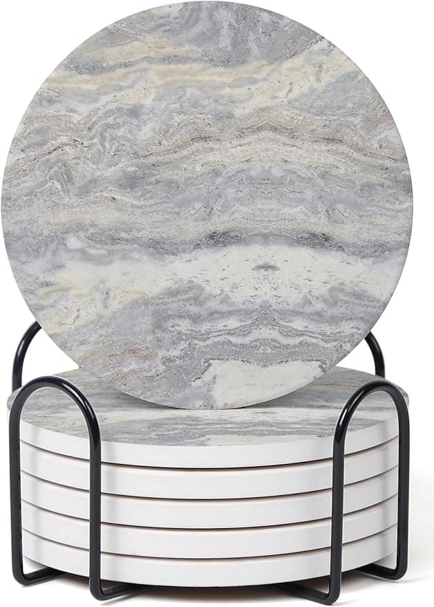 Set of 6 Light Gray Abstract Onyx Marble Coasters with Holder, Absorbent Ceramic Drink Coasters for Table Protection, Coffee Table Decor