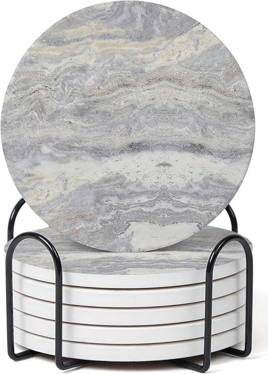 Set of 6 Light Gray Abstract Onyx Marble Coasters with Holder, Absorbent Ceramic Drink Coasters for Table Protection, Coffee Table Decor