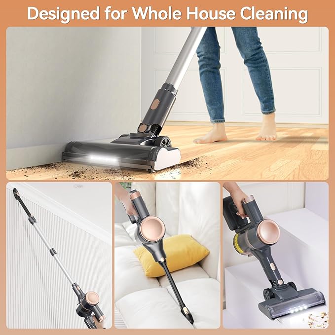 N8 Cordless Vacuum Cleaner,Lightweight Stick Vacuum with Powerful Suction,2200mAh Battery,40 Mins Runtime,Self-Standing,Rechargeable Vacuum Cleaners for Home Hardwood Floor Carpet Pet Hair (Peach)