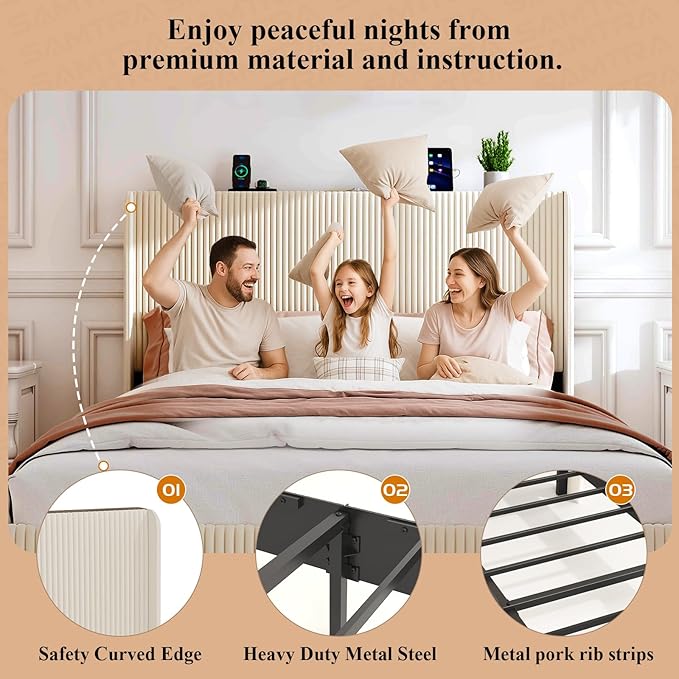 Upholstered Bed Frame Queen Size Beige Velvet Wingback Headboard with Charging Station Vertical Channel Tufted Platform Bed Metal Slats Foundation No Box Spring Needed, Easy Assembly