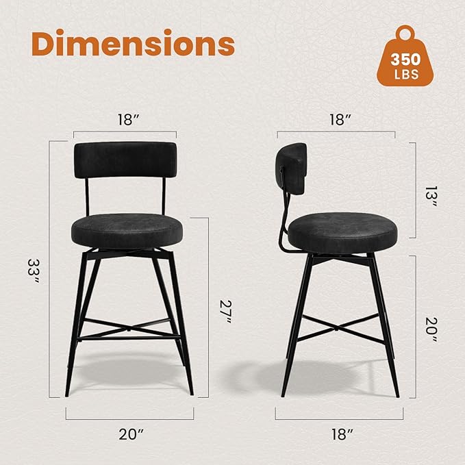 Bar Stools Set of 2, Swivel Counter Height Bar Stools with Back, 27 Inch Black PU Leather Upholstered Kitchen Bar Chairs for Kitchen Counter Island, Dining Chairs with Footrest Metal Legs