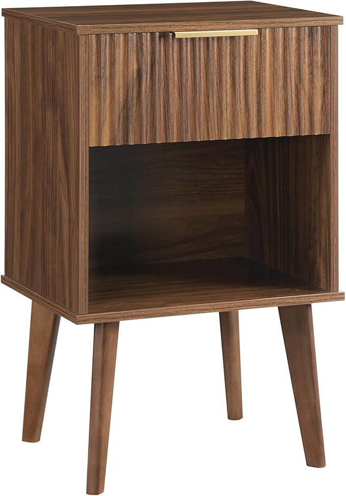 End Table, Fluted Night Stand, Modern Side Table, Bedside Table with 1 Drawer and 1 Open Compartment, Mid Century Nightstand, for Living Room, Bedroom, Study, Office, Walnut ETWA6201