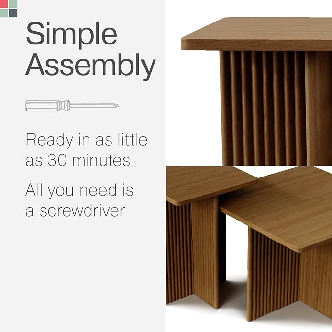 Living Room Table Set - Square Fluted, Natural Oak, 2-Piece - Nesting & Coffee Tables for Living Room