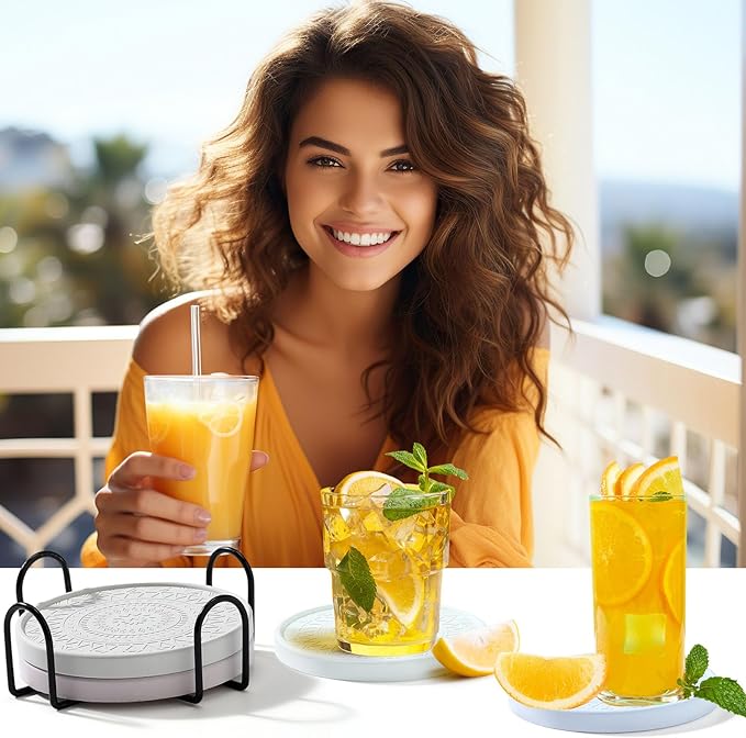 Photect Diatomaceous Earth Coasters Set with Holder Absorbent Stone Drink Coasters Instant Drying Tray for Tabletop Protection Home Decoration Housewarming Gift(Green,4 Pcs)