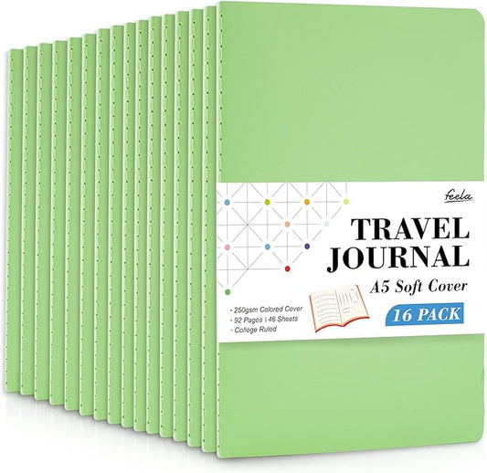 16 Pack Soft Cover Journal Bulk, Feela Lined Notebooks College Ruled for Work for Women Girl Writing, Blank Travel Journal Note Taking Notebook School Business Supplies, 8.2” x 5.5”, A5, Light Green
