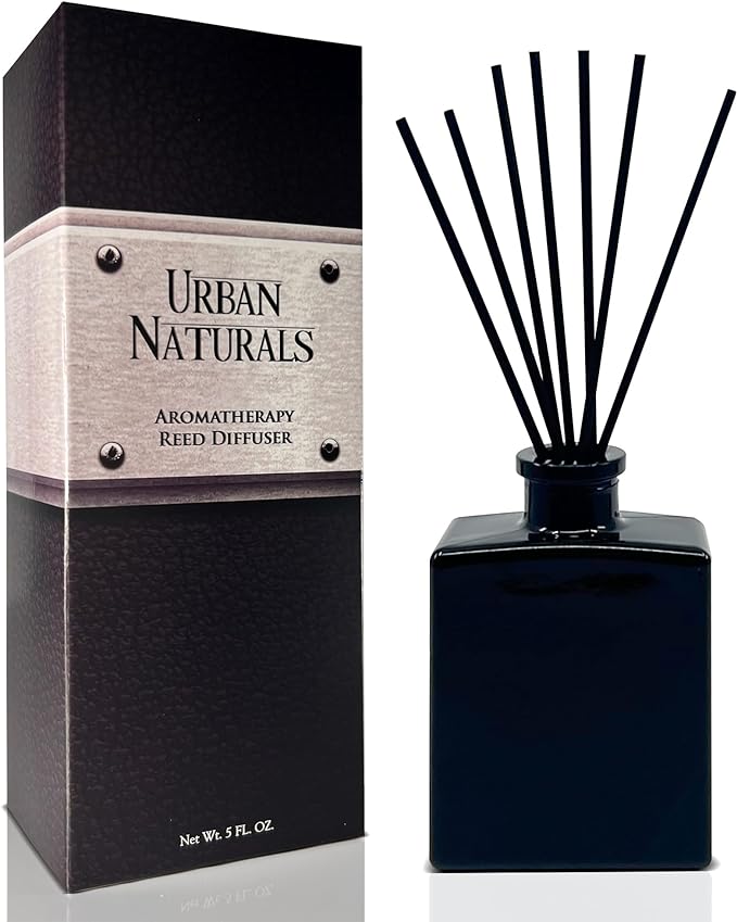 Urban Naturals Crisp White Linen Reed Diffuser Gift Set – Citrus, Ozone, Ylang–Ylang, Lilies & Sandalwood for a Fresh Smelling Home – 5 Ounce Sleek Black Rectangular Glass Bottle – Made in The USA