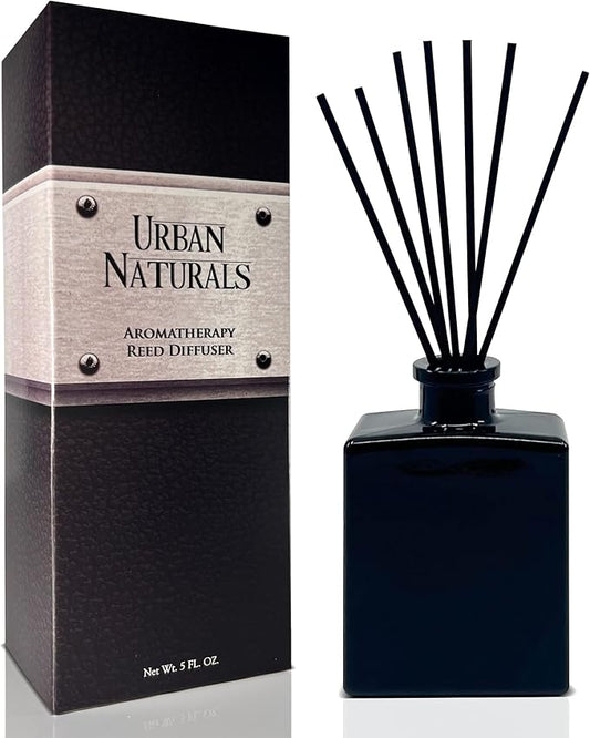 Urban Naturals Crisp Alpine Air Reed Diffuser Set with Eucalyptus, Citrus, Vanilla, Pine & Balsam Notes – 5 Ounce Sleek Black Rectangular Refillable Glass Bottle – Made in The USA