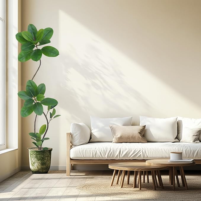 Artificial Rubber Tree Plant, 6ft Tall, Green with Round Planter, All Season Home Decor (Green,6ft)