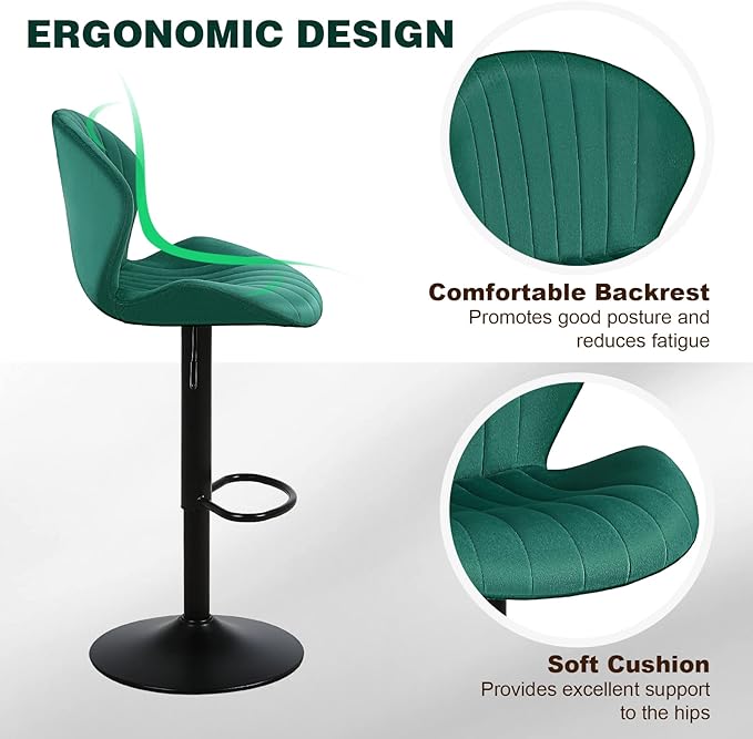 Modern Bar Stools Set of 2, Velvet Height Adjustable Swivel Barstools, Armless Kitchen Island Counter Chairs with Back & Footrest, Green