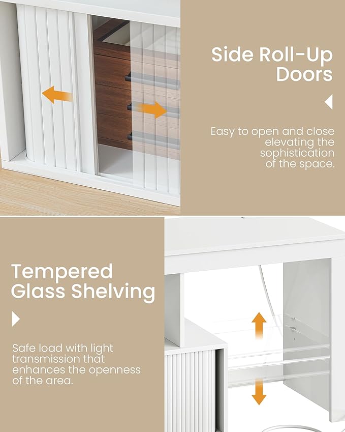 TV Stand with Power Outlet, Modern TV Cabinet for 55 60 inch TVs, Media TV Console with LED Light Strip, Media Entertainment Center with Storage, for Living Room, Bedroom, White MDS02UDWB