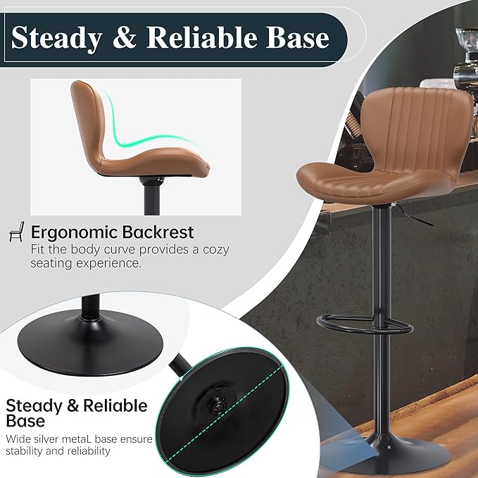 SUNLEI Swivel Swivel Bar Stools Set, Barstools Counter Height with Shell Shaped Backrest, Adjustable Moder Stools Pu Leather Bar Stool for Kitchen Counter, Island, Bars, Dining Room(Brown, Set of 2)