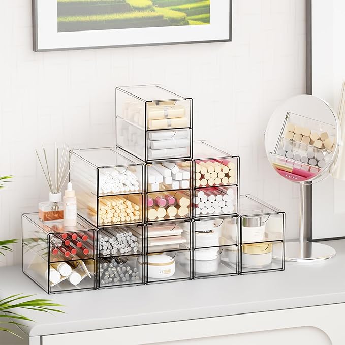 Yieach 9 Pack Small Acrylic Drawers With 18 Drawers,Clear Drawer Organizers Stackable,School,Office Supplies Organizer And Storage Bins for Stationery,Pen,Pencil,Craft,Glasses,Sunglass Organizer Case