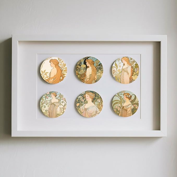 Mucha Style Vintage Floral Woman Coasters Set of 6 with Holder, Absorbent Ceramic Drink Coasters for Home, Office Gifts