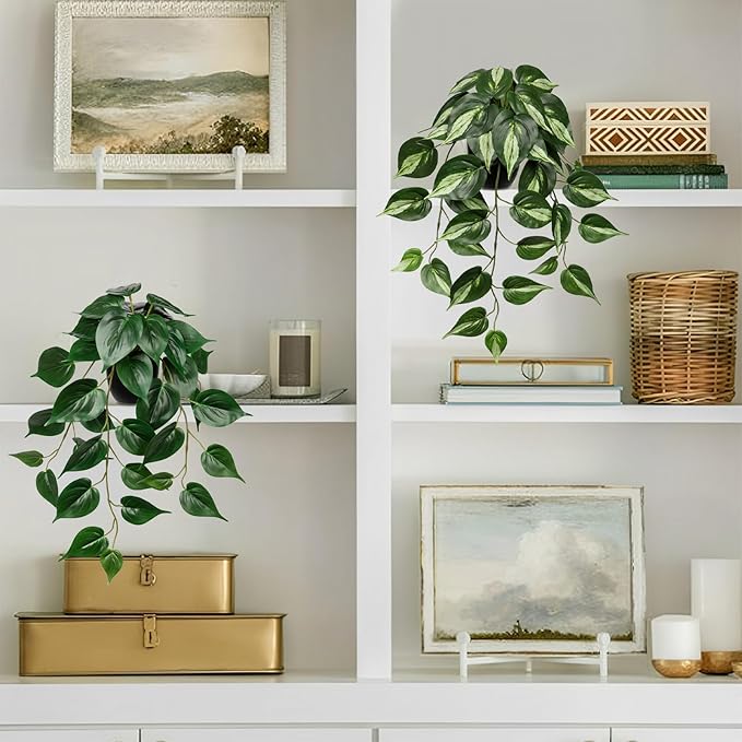 DILATATA 2 Pack Artifitial Hanging Plants 18" Fake Devil's Ivy Golden Pothos Plants, Hanging Potted Plants for Home Office Bedroom Indoor Outdoor Decor