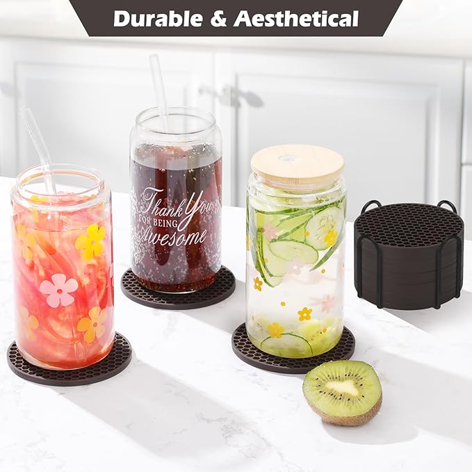 Silicone Coasters Set of 12 with Holder,Coasters for Drinks,Beer,Coffee Coasters,Suitable for Kinds Cups,Hot or Cold,Anti-SLI,Non-Stick,Anti-Overflow Tabletop Protection and Decor (12 Pcs, Coffee)