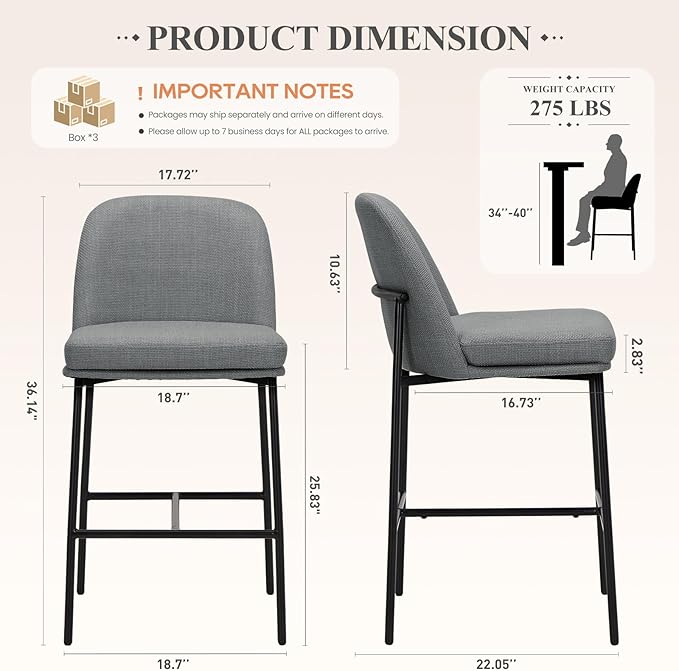 COLAMY Counter Height Bar Stools Set of 6, 25 Inch Modern Fabric Kitchen Island Stools with Back, Upholstered Counter Barstools Armless Bar Chairs with Metal Legs for Island Dining Room Bar,Dark Grey