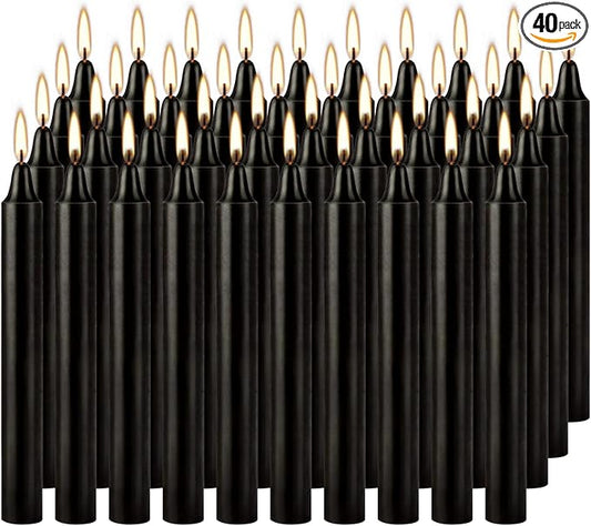 4 Inch, 40 Pack, Unscented, Dripless Taper Candles, Black, Smokeless Candles for Holidays, Wedding Ceremonies, Parties, Shabbat, 1.5 Hours