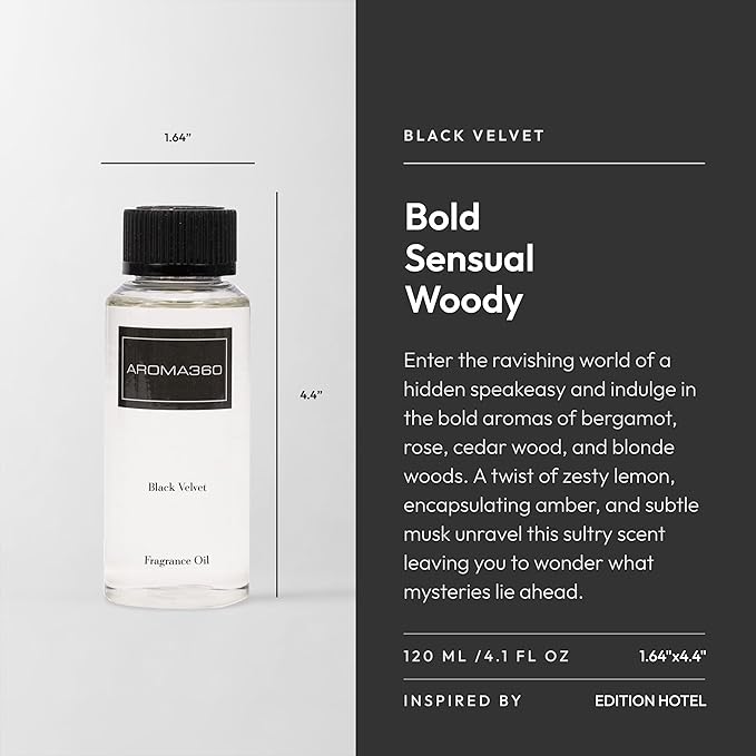 Aroma360 - Black Velvet Oil Blend - Aromatherapy Essential Fragrance Oil - Sandalwood, Warm Virginia Cedar & Beautiful Iris - 120ML 4.1 Fl oz