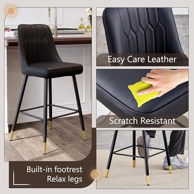Bar Stools Set of 2,Counter Height Bar Stools with Back,Modern Faux Leather Kitchen Stools,27"Black Barstools with Stable Metal Leg,Armless Counter Height Chair for Kitchen Island,Coffee Corner
