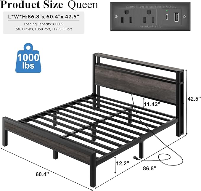 Queen Size Bed Frame with Storage Headboard and LED Lights, Industrial Platform Bed with Charging Station, Heavy Duty Metal Slats, No Box Spring Need, Noise Freee, Grey