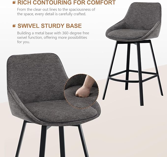 Zesthouse Swivel Bar Stools Set of 2, Modern Counter Height Barstools with Backs, 26'' Upholstered Linen Fabric High Chairs for Island Kitchen, Counter Height Chairs with Metal Legs, Dark Grey