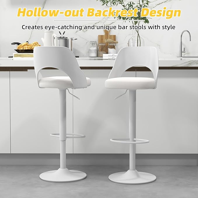 civama Bar Stools Set of 6 for Kitchen Counter, Seat Height Adjustable 25''-33'', Modern Upholstered Swivel Island Chairs with Hollow Backrest Metal Base, White