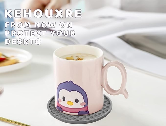 Coasters for Drinks 6 Pack Drink Coasters with Holder,Heat Resistant Silicone Cup Mat Tabletop Protection,Non-Slip Rubber Coaster for Kinds of Cups (Grey)