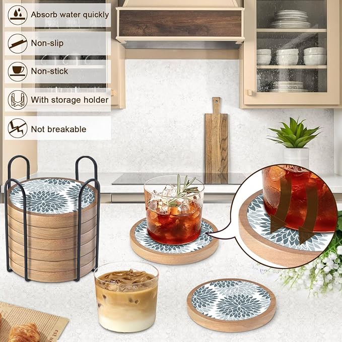 Wood Coasters Set of 8 with Holder, Cewiru Cup Mat for Drinks, Absorbent Coasters with Felt Insert for Coffee Table Protection, Modern Style Home Dining Table Decor, 4.3" Gray