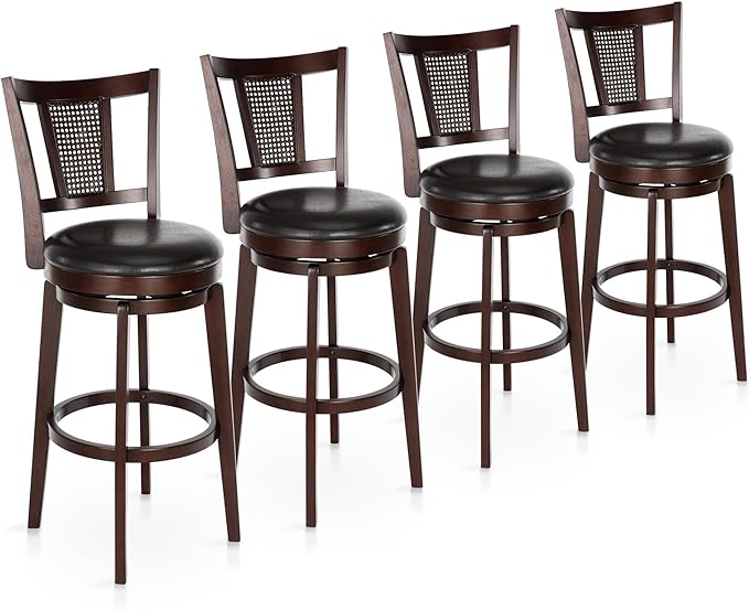 ALPHA HOME Swivel Bar Stools Set of 4, Kitchen Stools with Backs, 30 Inch Wooden Bar Stools, 360 Degrees Swivel Chair with Upholstered, Wrap-Around Footrest Counter Chair, Dark Brown