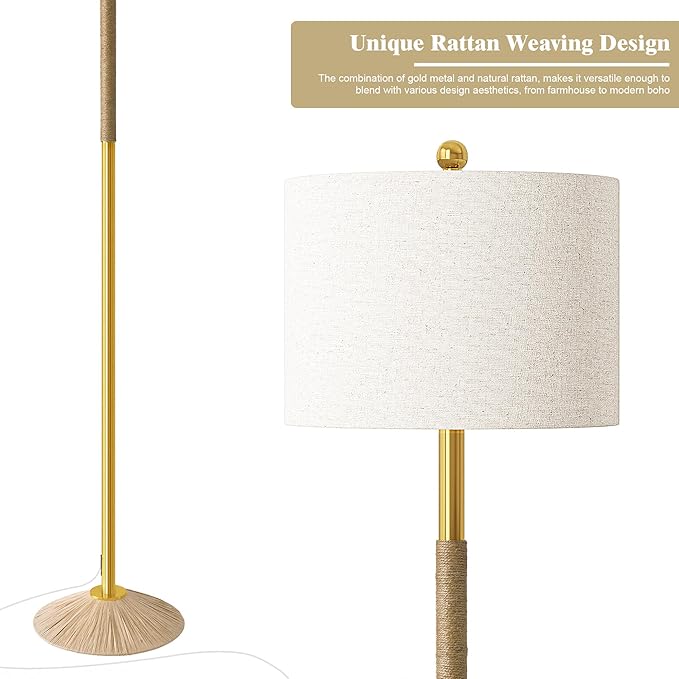 Oneach 63” Modern Floor Lamp for Living Room, Gold Boho Standing Lamp with Unique Rope Design, Rotary Switch, Farmhouse Tall Lamps for Bedroom Office Dining Room (Without Bulb)
