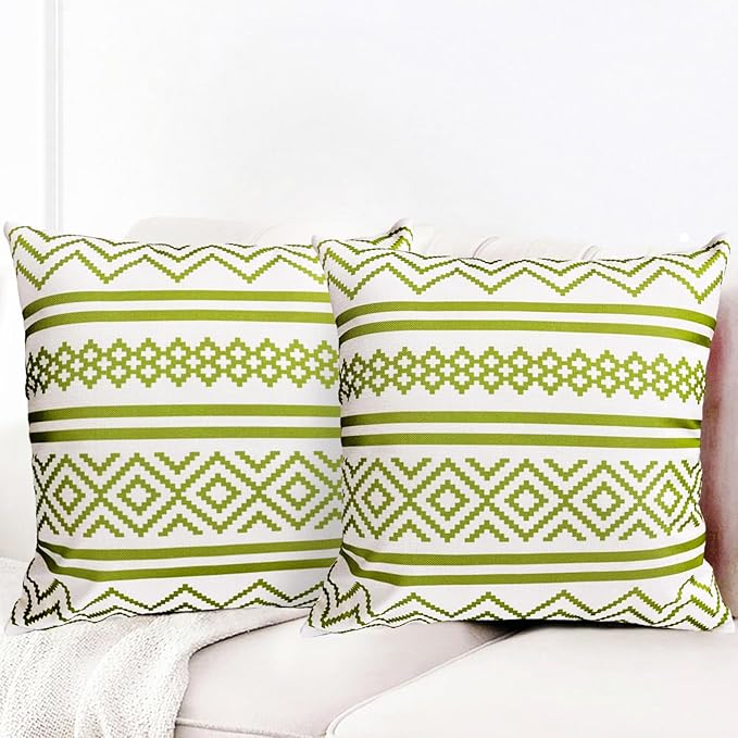 Decorative Throw Pillow Covers Set of 2 Grass Green Boho Pillow Covers 18x18 Inch Throw Pillow Cover Linen Pillowcase Modern Farmhouse Outdoor Pillow Covers for Couch Sofa Bed Living Room