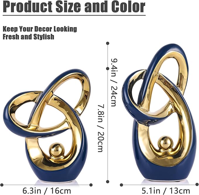 Blue Gold Modern Abstract Art Home Accents, Coffee Table Decor for Living Room, Table Centerpieces for Dining Room, Ceramic Sculptures for TV Stand Decor