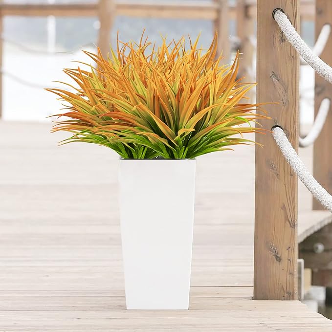 24Pcs Artificial Grass Plant Fake Outdoor Plastic Plants UV Resistant Faux Grasses Greenery Shrubs for Window Box Garden Patio Porch Home Decor Yellow