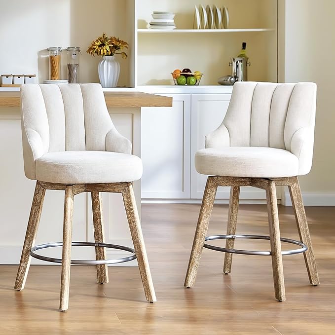 IWOOD Counter Height Bar Stools,Swivel Bar Stools with Backs,Barstools Set of 4,26'' Solid Wood Legs,Thick Seat Upholstered Linen Fabric Counter Height Stools in Beige