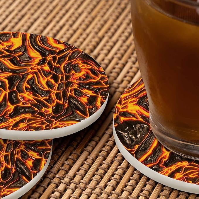 Hot Burned Fissure Coasters for Drinks Heat Lava Orange Yellow Fire Crack Stone Liquid Hell Flame for Tabletop Protection Coffee Table Living Room Kitchen Office Home Decor 2 Pcs,4 Inch