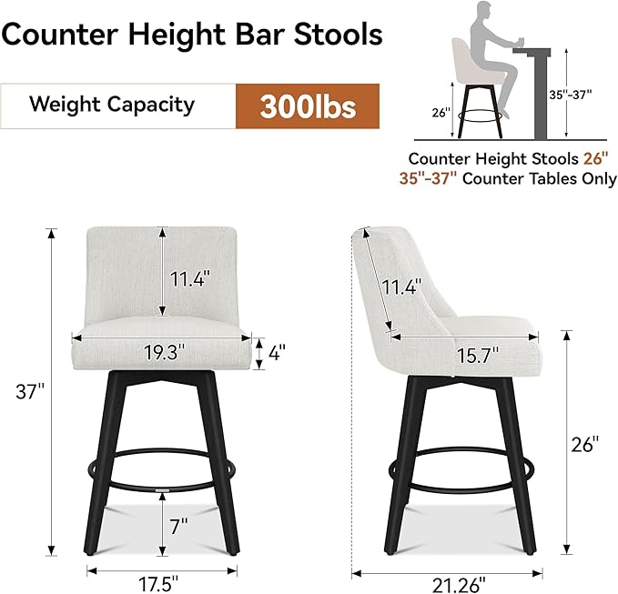 Counter Height Bar Stools Set of 3, Modern Swivel Barstools with Back and Wood Legs, Linen Fabric Upholstered Bar Chairs, 26" H Kitchen Counter Stools, Kitchen Island Home Bar, Ivory
