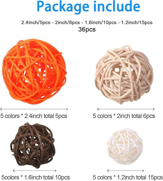 Patelai 36 Pcs Wicker Rattan Balls Decorative Balls for Vase Centerpiece Bowls Orbs Filler for Home Decor,4 Sizes(Bright Color)