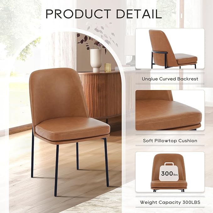 COLAMY Modern Dining Chairs Set of 6, Faux Leather Upholstered Dining Room Chairs Kitchen Chairs Dinner Chair with Curved Back and Metal Legs, Brown