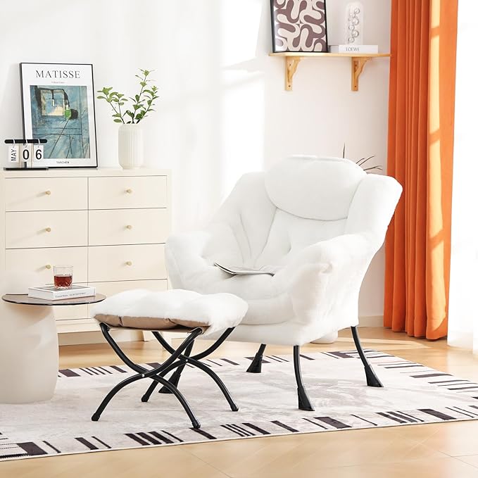 Cozy Lazy Chair and Ottoman, Large Contemporary Accent Lounge Chair Set, Leisure Upholstered Reading Armchair for Bedroom, Living Room, Dorm Rooms, Office