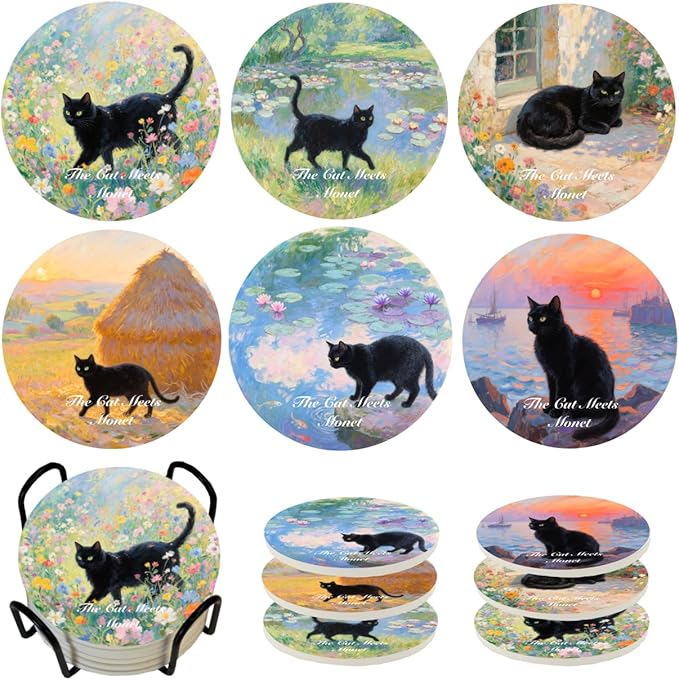 Monet Style Black Cat Ceramic Coasters Set of 6 with Holder - Transform into Wall Art - Home Decor, Kitchen Decor, Coffee Table Decor, Cat Lover Gift, Housewarming Gift