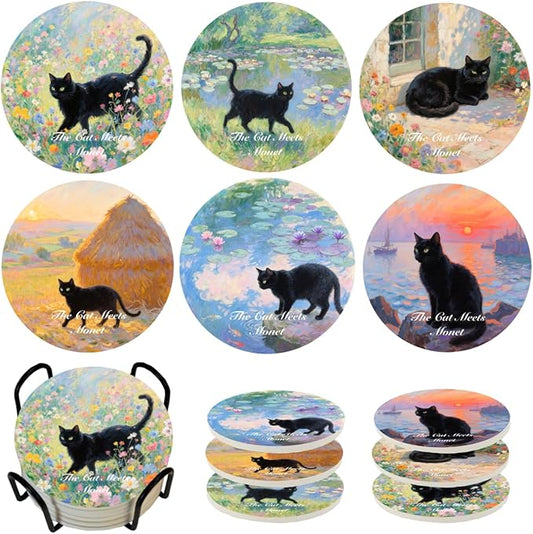 Monet Style Black Cat Ceramic Coasters Set of 6 with Holder - Transform into Wall Art - Home Decor, Kitchen Decor, Coffee Table Decor, Cat Lover Gift, Housewarming Gift