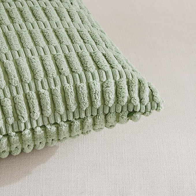 Fancy Homi 2 Packs Sage Green Decorative Throw Pillow Covers 20x20 Inch for Living Room Couch Bed Sofa, Soft Striped Corduroy Square Cushion Case 50x50 cm, Rustic Farmhouse Boho Home Decor