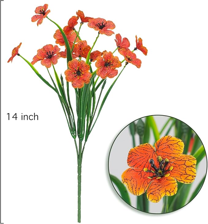 Outdoor Artificial Flowers 21 UV Resistant Bundles Fake Flower Plastic Plants Faux Silk Flowers Porch Hanging Garden Porch Window Box Decorating (Orange)