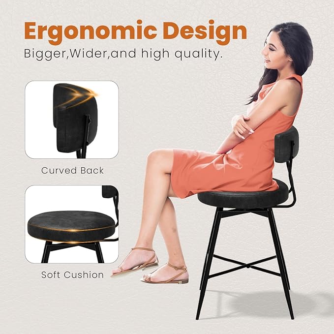 Bar Stools Set of 2, Swivel Counter Height Bar Stools with Back, 29 Inch Black PU Leather Upholstered Kitchen Bar Chairs for Kitchen Counter Island, Dining Chairs with Footrest Metal Legs