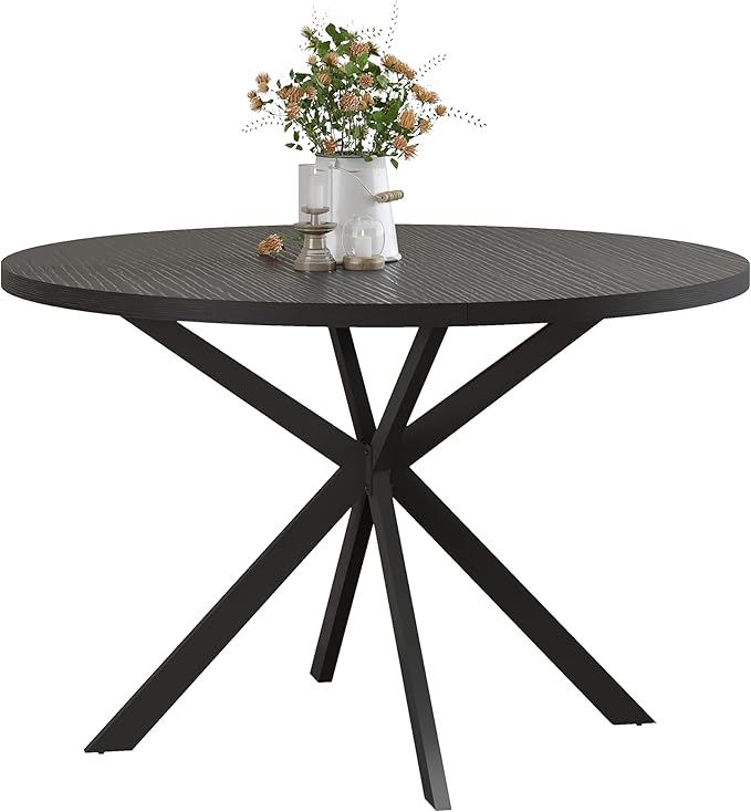 ChooChoo 47.2 Inch Round Dining Table for 4, Farmhouse Wood Kitchen Table, Circle Dinner Table for Kitchen & Dining Room, Black