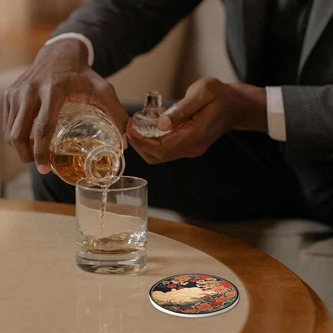 Trillionn 12 Pack Felt Cup Coasters for Drink, Absorbent Coasters for Coffee, Japonisme Pattern Design