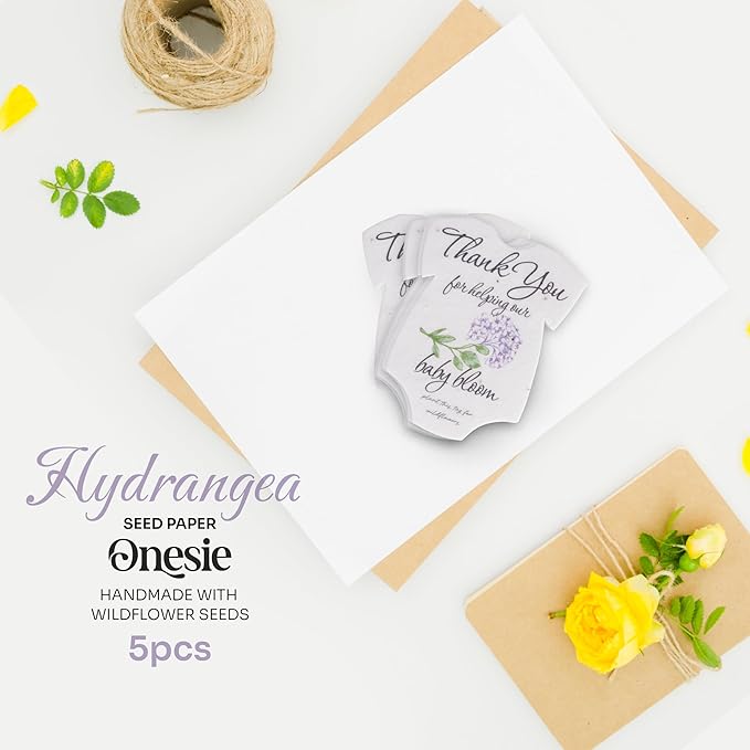 Plantable Onesie Seed Paper – 5 Hydrangea Baby Shower Favors for Guests with Wildflower Seeds, Baby Shower Gifts for Guest