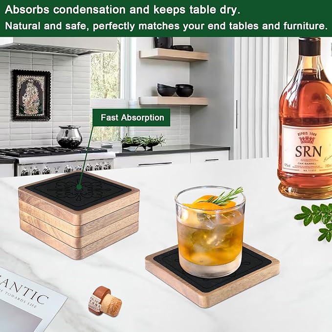 Square Coasters for Drinks, Absorbent Coaster Sets of 5, Wood Drinks Coasters for Coffee Tabletop Protection, Non-Slip, Non-Stick, Suitable for Kinds of Cups Wooden Table Drink, 4.1 Inches Black