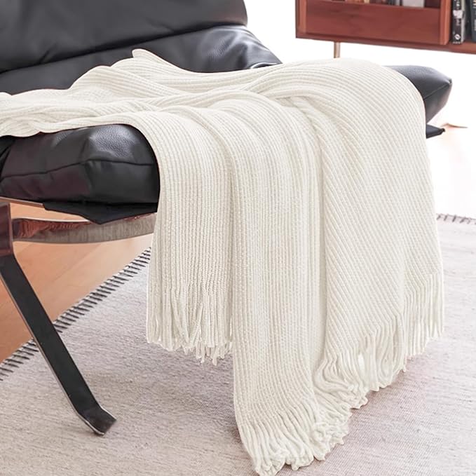 inhand Throw Blanket for Couch Bed,Chunky Chenille Woven Soft Blankets with Tassels,Cozy Boho Farmhouse Fall Winter Decor,Warm for Women,50"x60",Medium Thick-Off White